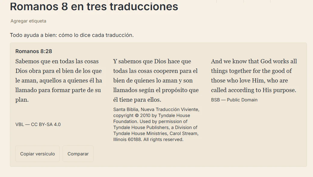 Un bloque de Romanos 8:28 en tres columnas: la VBL, la NTV y la BSB, cada una con su licencia, y los botones Copiar versículo y Comparar.