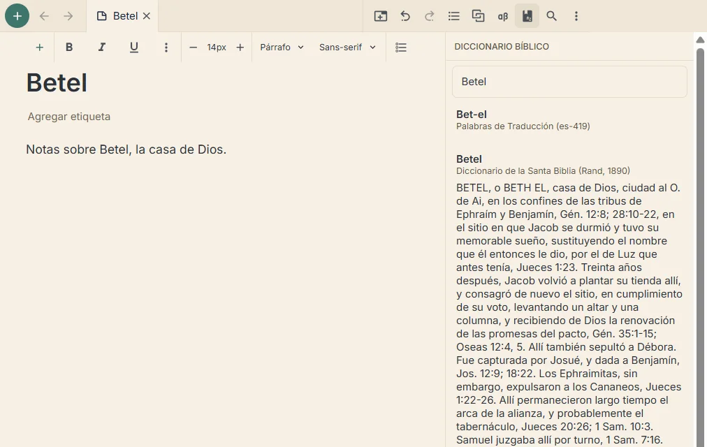 El panel Diccionario bíblico junto a una nota sobre Betel: la búsqueda «Betel» muestra la entrada de Palabras de Traducción y el artículo del diccionario de Rand.