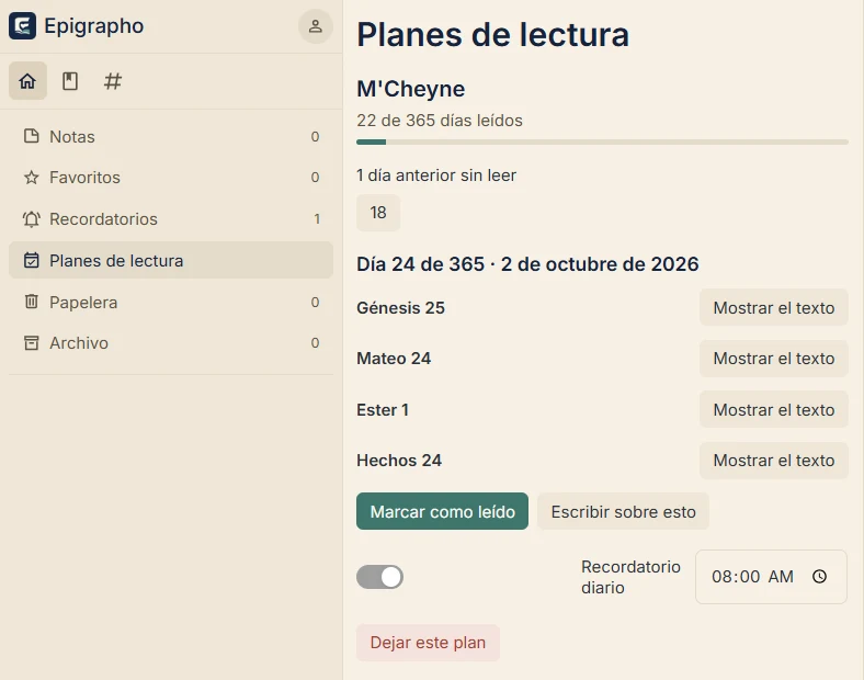 Planes de lectura: M'Cheyne, 22 de 365 días leídos, un día pendiente, y las lecturas del día 24: Génesis 25, Mateo 24, Ester 1 y Hechos 24, con Marcar como leído y el recordatorio diario a las 8:00.