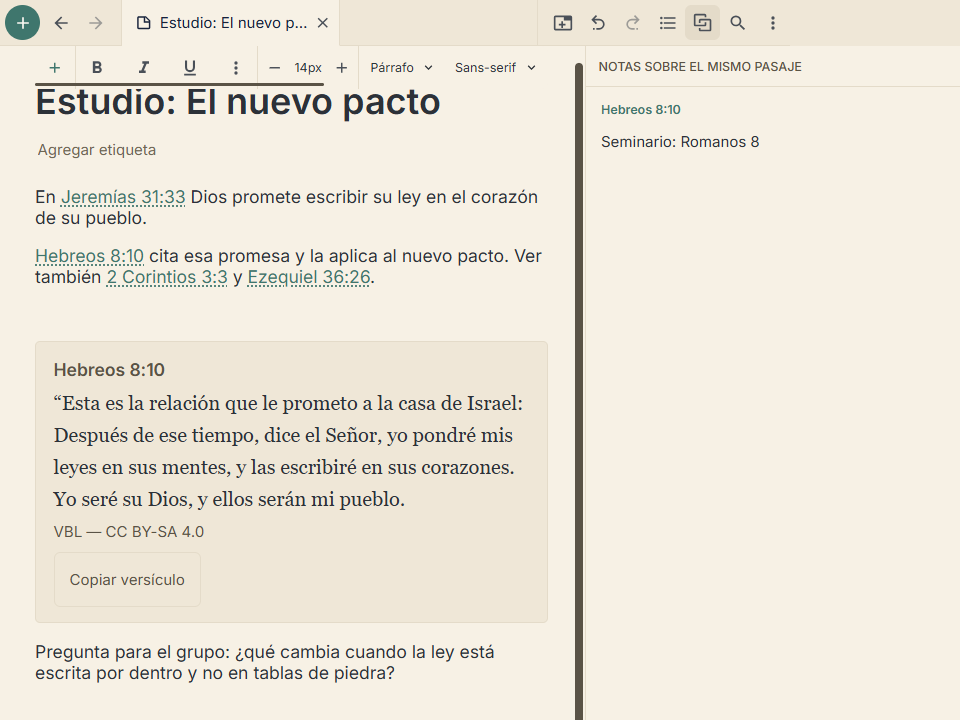 Una nota abierta junto al panel «Notas sobre el mismo pasaje», que lista Seminario: Romanos 8 bajo Hebreos 8:10.