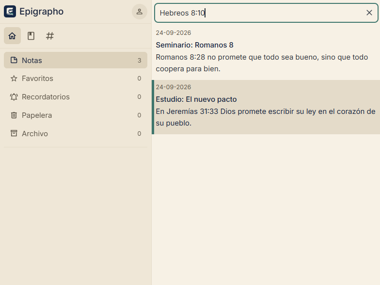 La búsqueda «Hebreos 8:10» y las dos notas que lo citan.
