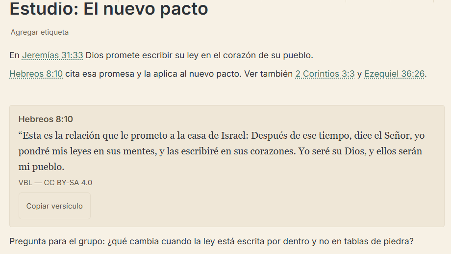 Una nota de estudio en Epigrapho sobre el nuevo pacto: Jeremías 31:33, Hebreos 8:10, 2 Corintios 3:3 y Ezequiel 36:26 subrayados como referencias, y un bloque con el texto de Hebreos 8:10 en la VBL.