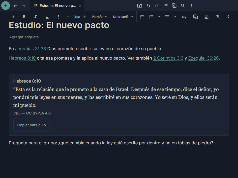 Una nota de Epigrapho con el tema oscuro.
