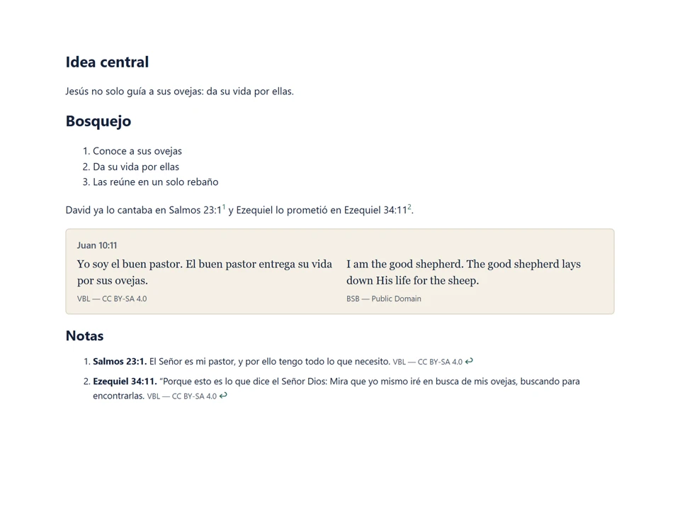 Una página del PDF: idea central, bosquejo, Juan 10:11 en la VBL y la BSB lado a lado, y las notas con Salmos 23:1 y Ezequiel 34:11 completos.