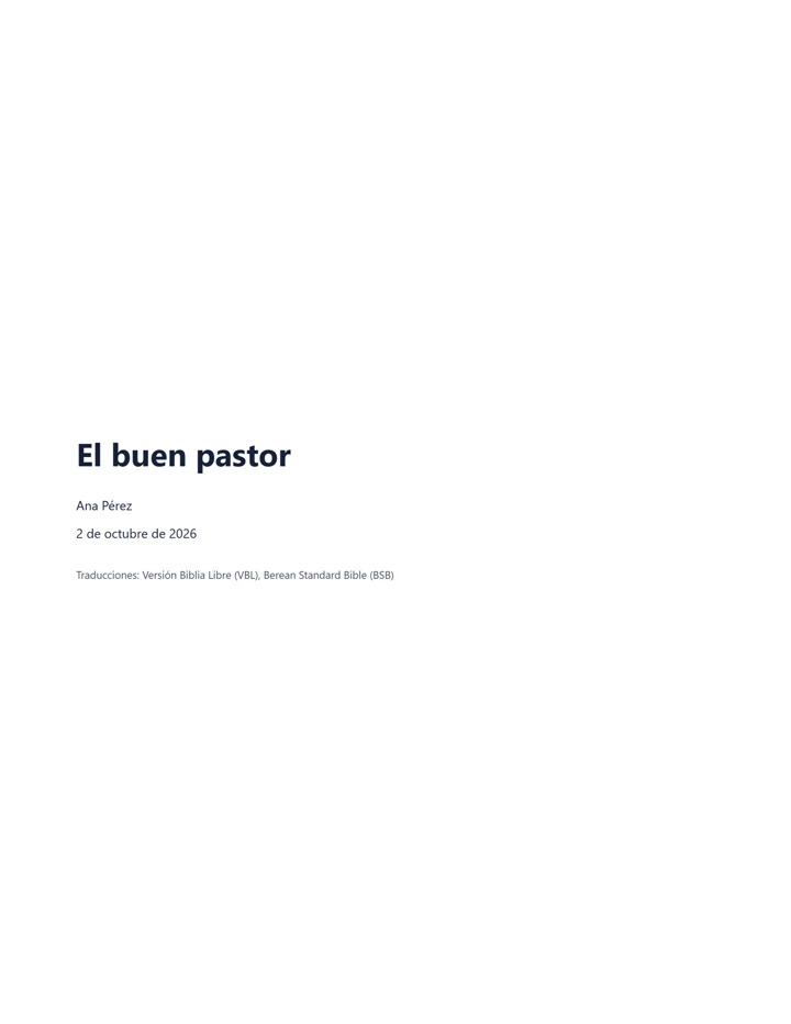 La portada del PDF: El buen pastor, Ana Pérez, 2 de octubre de 2026, y las traducciones VBL y BSB.